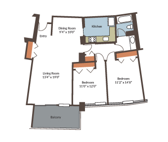 A floor plan of a two bedroom apartment.