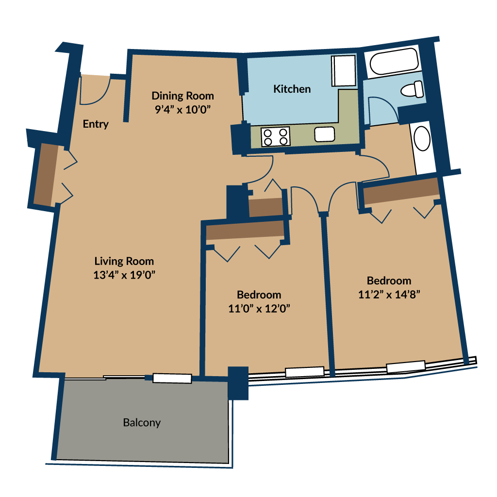 A floor plan of a two bedroom apartment with 2 baths.