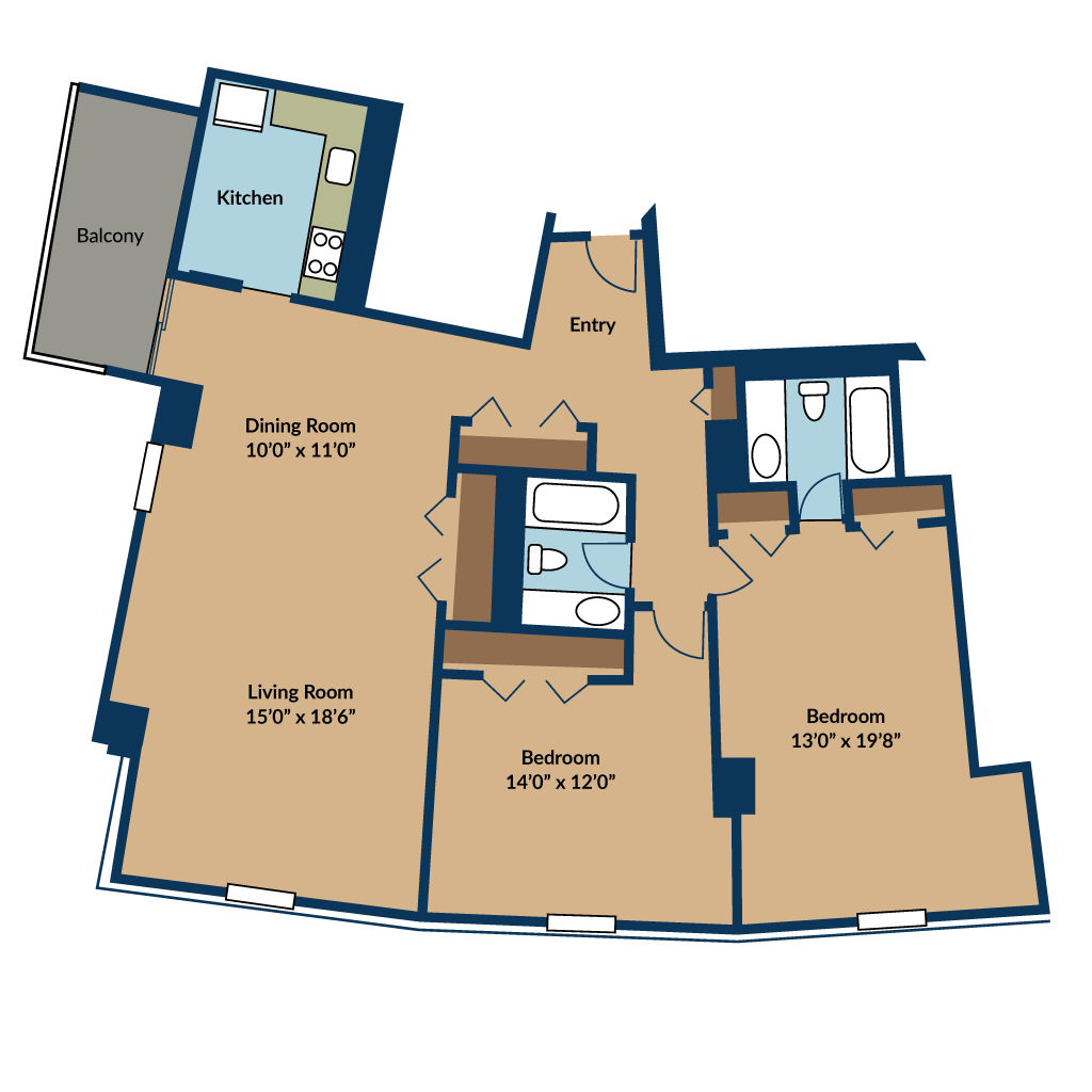 A floor plan of a two bedroom, two bath apartment.