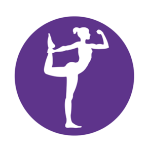 A silhouette of a woman doing yoga in a purple circle.