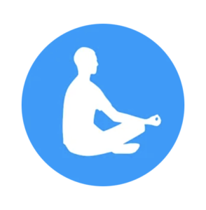 A person sitting in a lotus position in a blue circle.