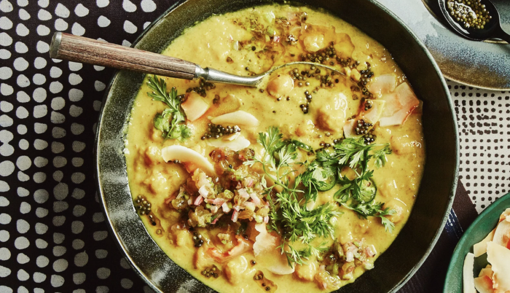 A bowl of yellow curry for passing time at home during the Coronavirus.