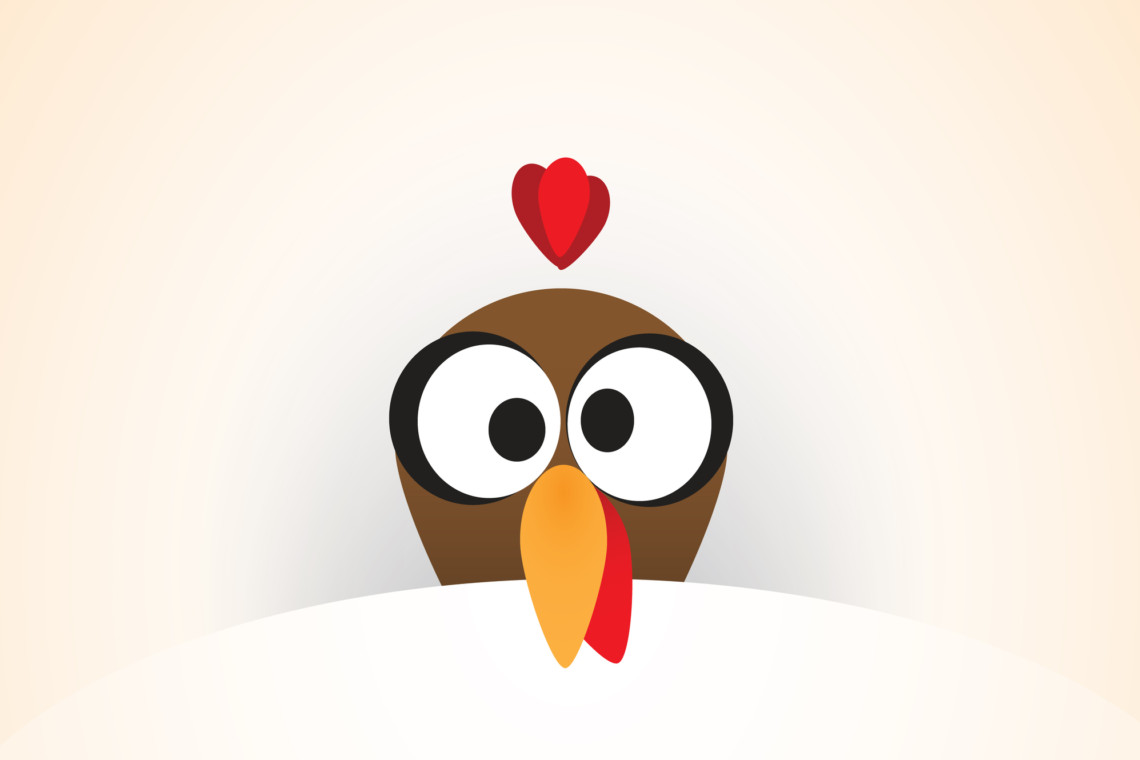 A cartoon turkey adorned with a heart-shaped hat, symbolizing a Happy Thanksgiving.