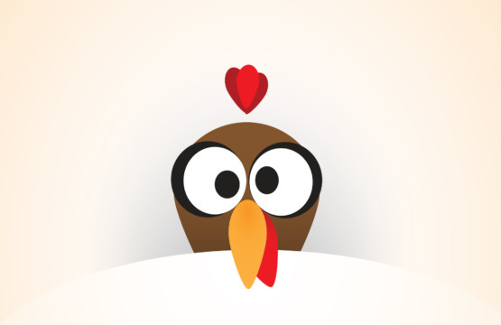 A cartoon turkey adorned with a heart-shaped hat, symbolizing a Happy Thanksgiving.