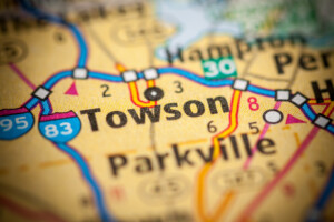 A close up of a map of Towson, Maryland during fall 2023.